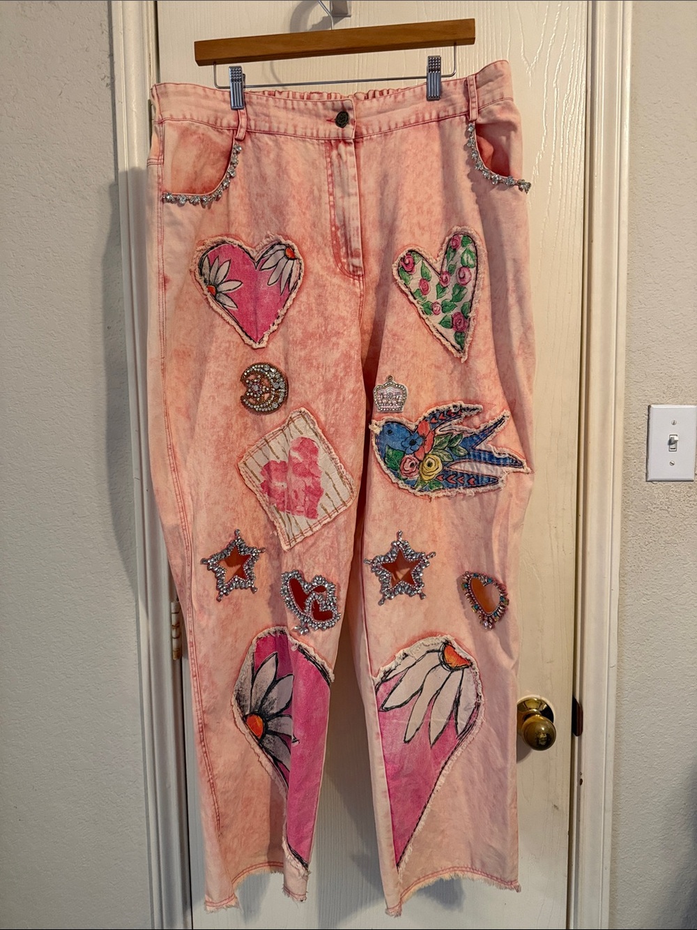 A rare bird RARE Pink Embellished Women's baggy Jeans with Heart & Bird Patches